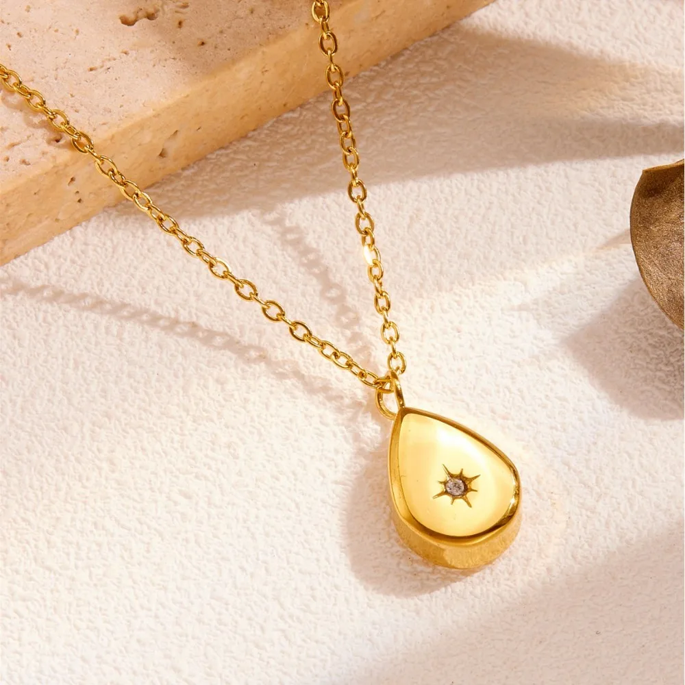 Charm Design Gold Color Stainless Steel Water Drop Eight-pointed Sun Pendant Necklace for Women Luxury Party Collar Jewelry Gift
