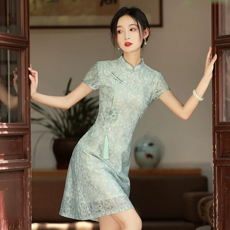 

Новая версия женского ципао с коротким рукавом, тонкое, летнее, из кружева, высокого качества, для повседневной носки