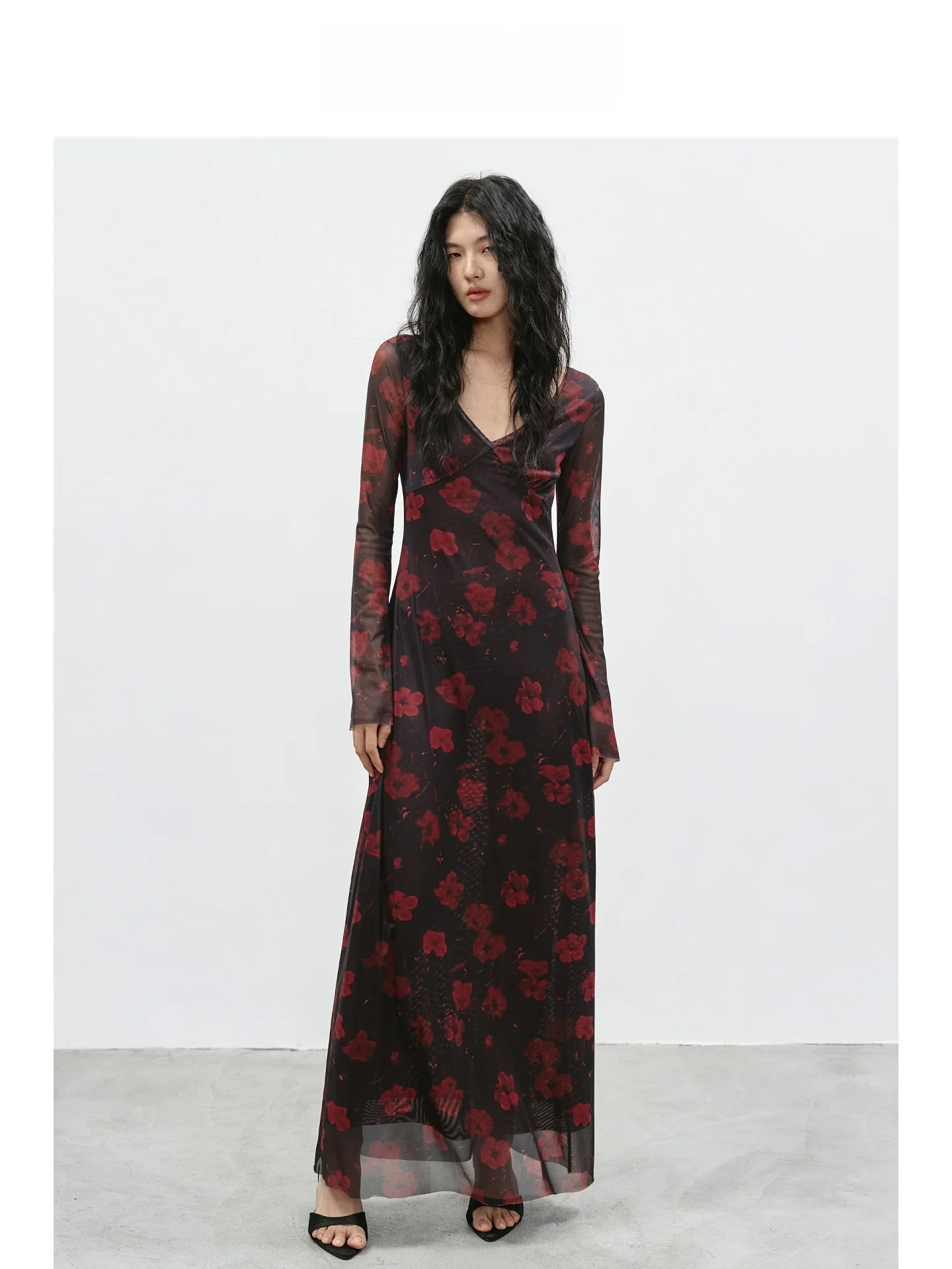 

EIGHTHMONTH Monet Garden Night Song Print Long Dress Color Block See through Lace Sleeve Vintage Style Women's Gown