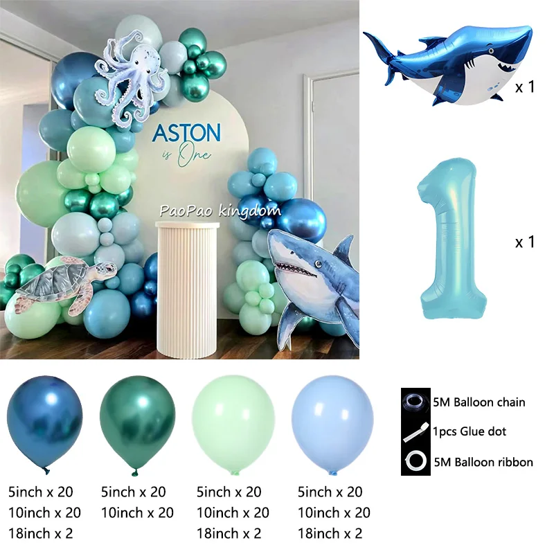 Blue Shark Balloon Garland Kit Shark Foil Balloon Under the Sea Birthday Ocean Animal Theme Baby Shower Party Decor