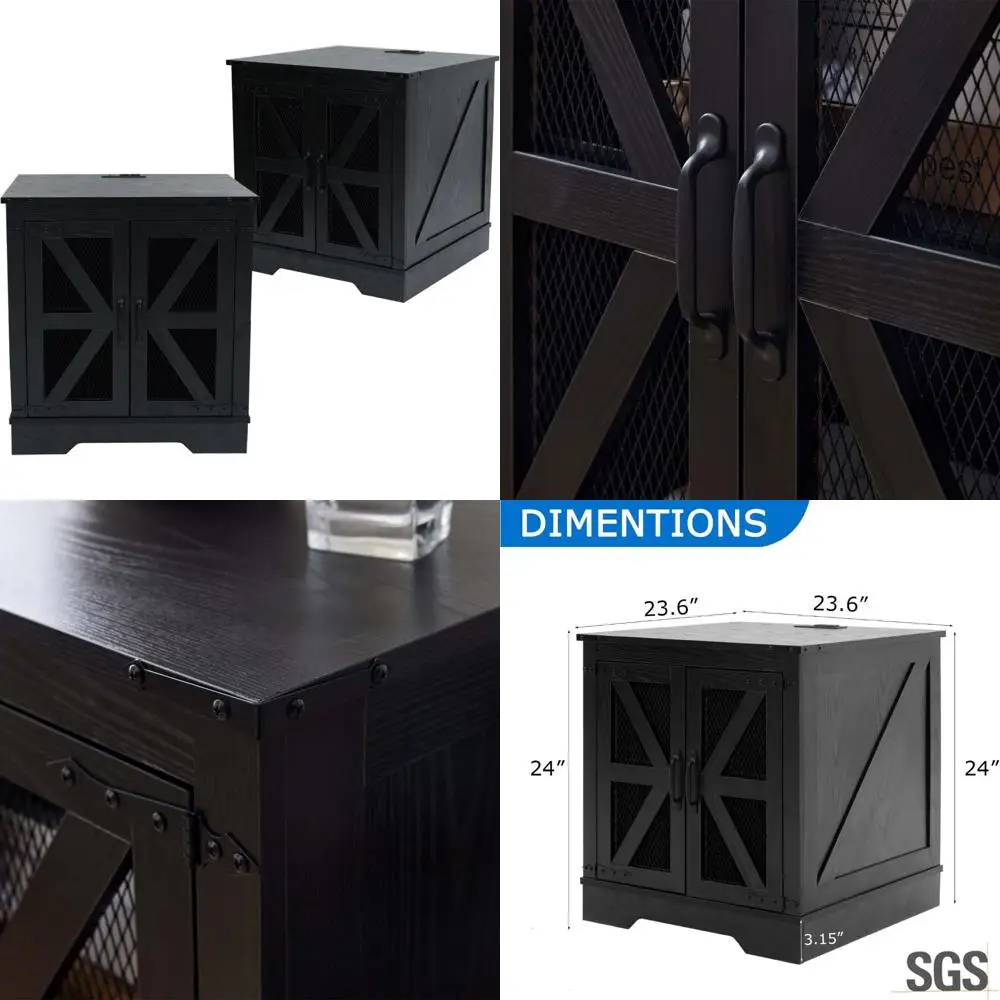 Two-Piece Farmhouse Style Wood End Table Set, 24-Inch Sofa Side Table with Charging Port, Living Room Nightstand with Barn Door