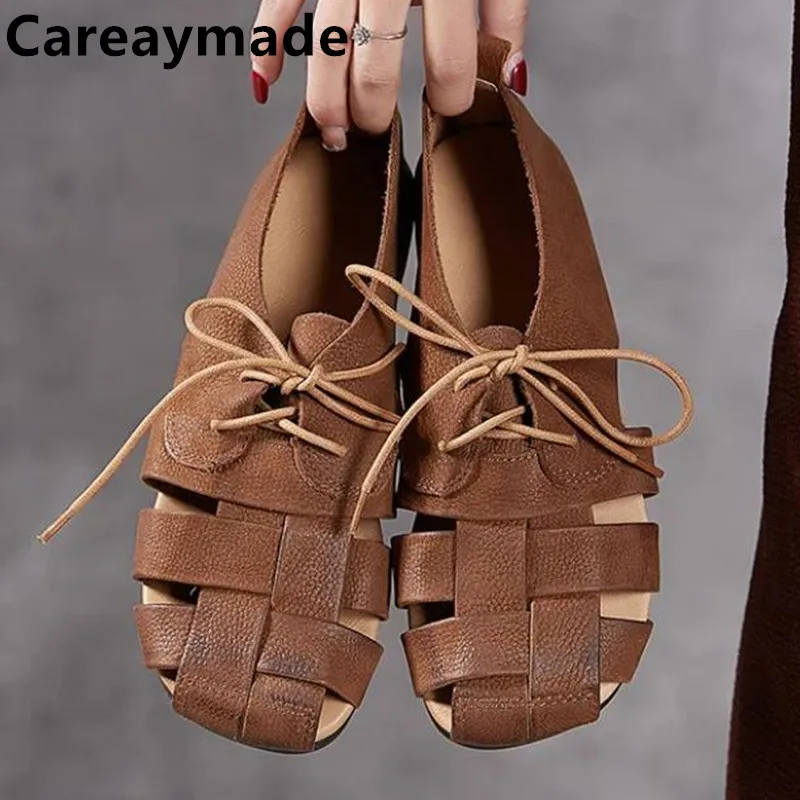 

Careaymade-Genuine Leather hand woven straps women's sandals,Summer travel wearing flat Roman shoes for outdoor wear Beach shoes