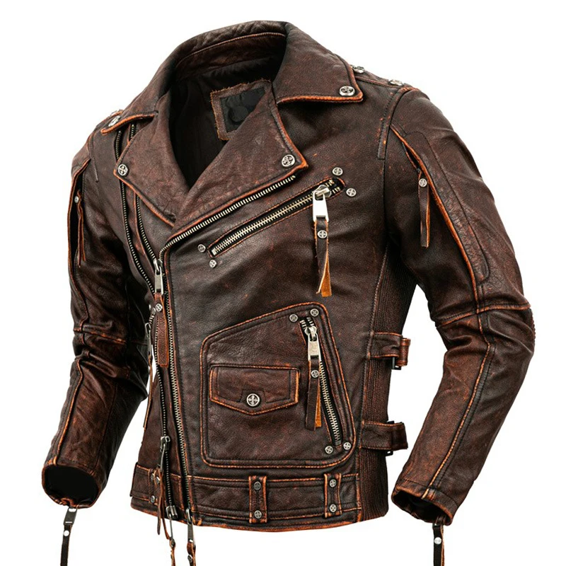 

Motorcycle Cowhide Genuine Leather Jacket Men Slim Stone Milled Retro Jacket Calfskin Leather Coat Men Moto Biker Riding Clothes