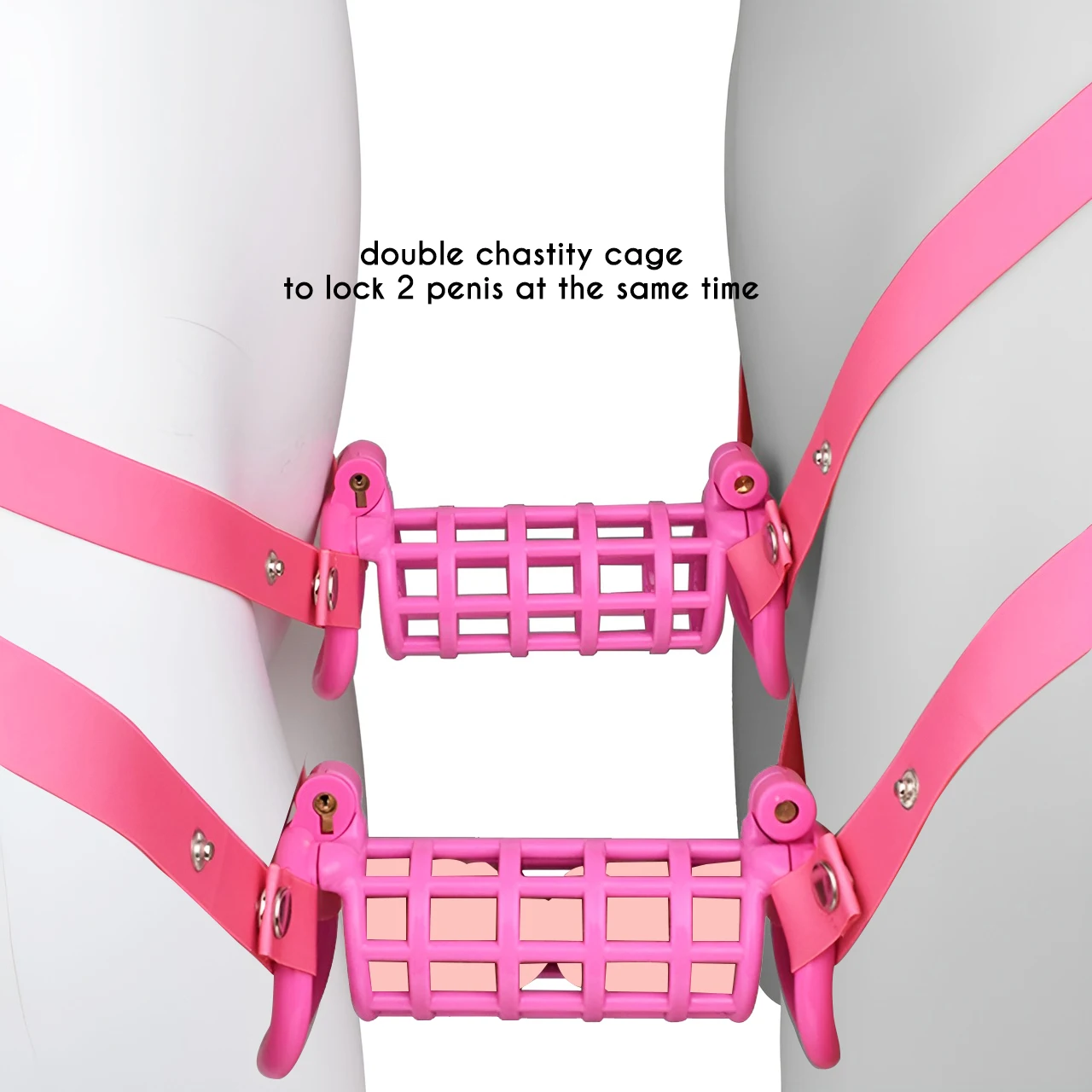 FRRK Double Chastity Cage Bridge with Band Belt for Couple to Lock Penis At the Same Time Hollow Plastic Long Cock Cage 남성 정조대