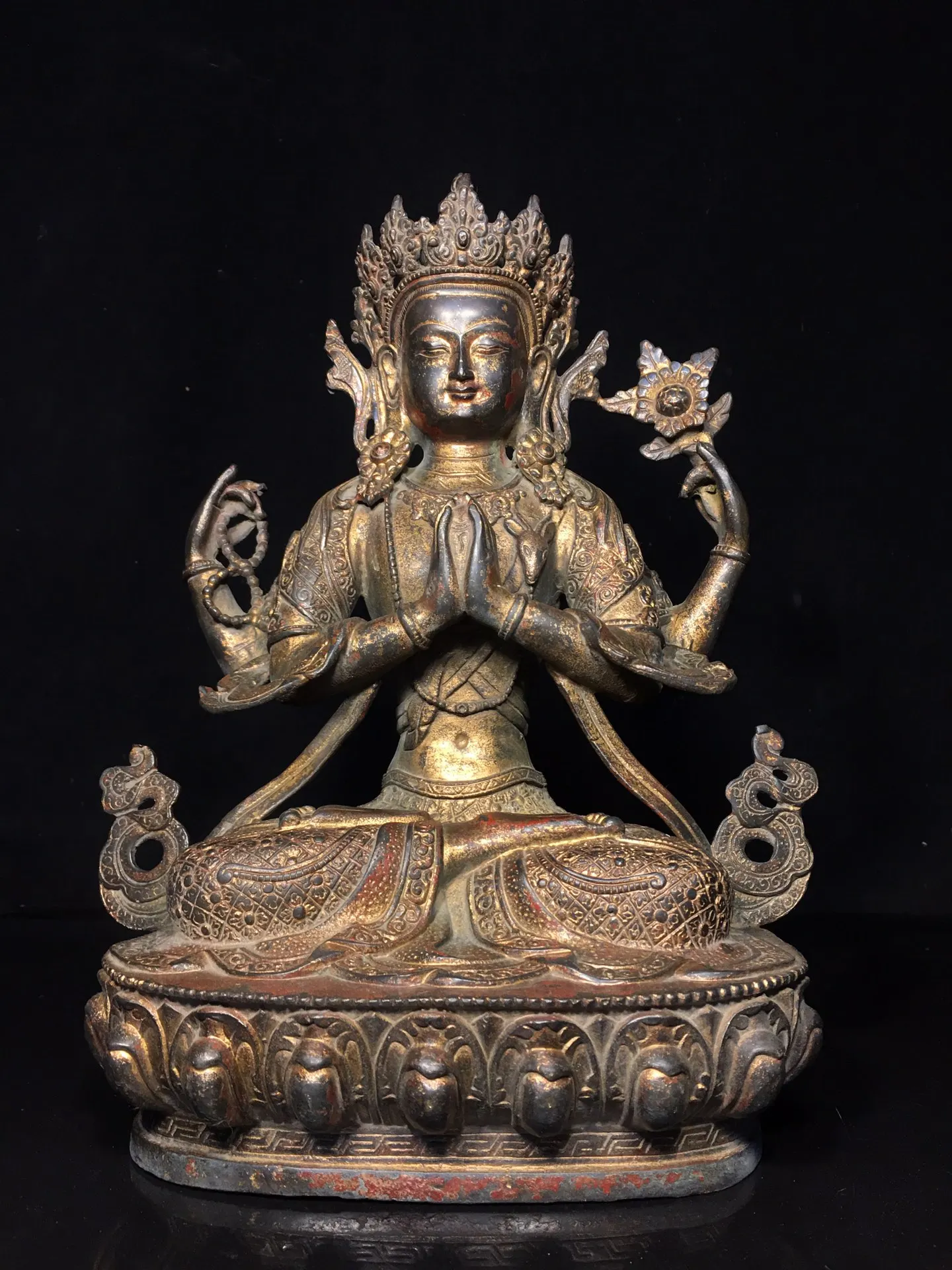 A finely crafted pure copper statue of the Four-Armed Tara Bodhisattva, with exquisite workmanship and an aged pat,Free shipping