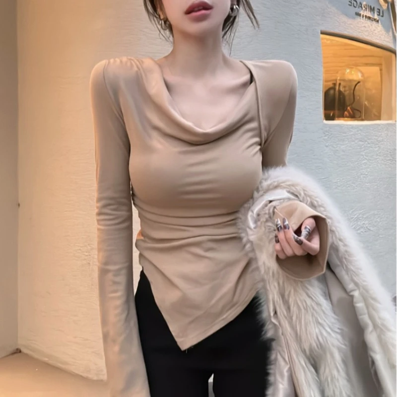 

Vintage Asymmetric Solid Color Casual Long-sleeved T-shirt Women 2024 Spring New Streetwear Pleated Sexy Slim Crop Tops