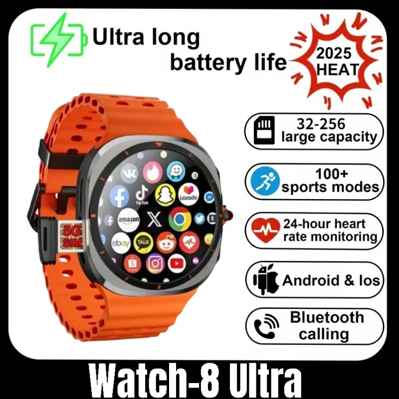 

2025 Watch 8 Ultra 5G: Смарт-часы для мужчин, 480*480 HD, 32 ГБ, HD Cam, 1480 мАч, NFC/GPS/WiFi, водонепроницаемые, спортивные режимы!