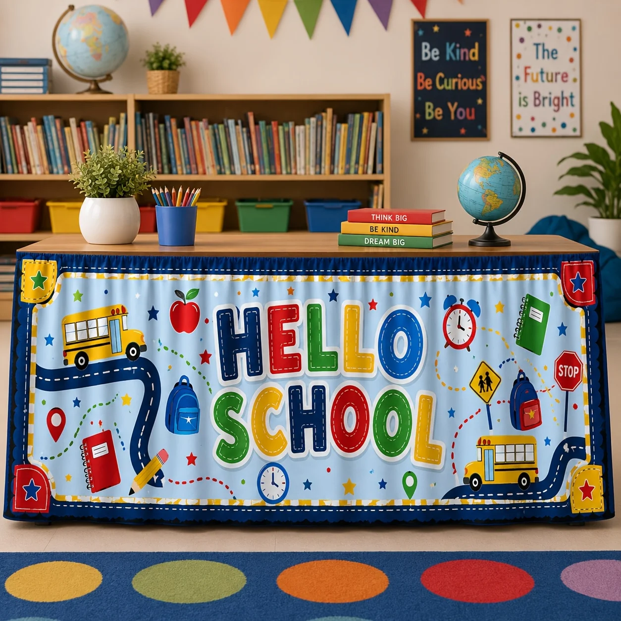Send a table skirt, 1 piece, hello campus theme table skirt printing design, suitable for classroom sending an activity