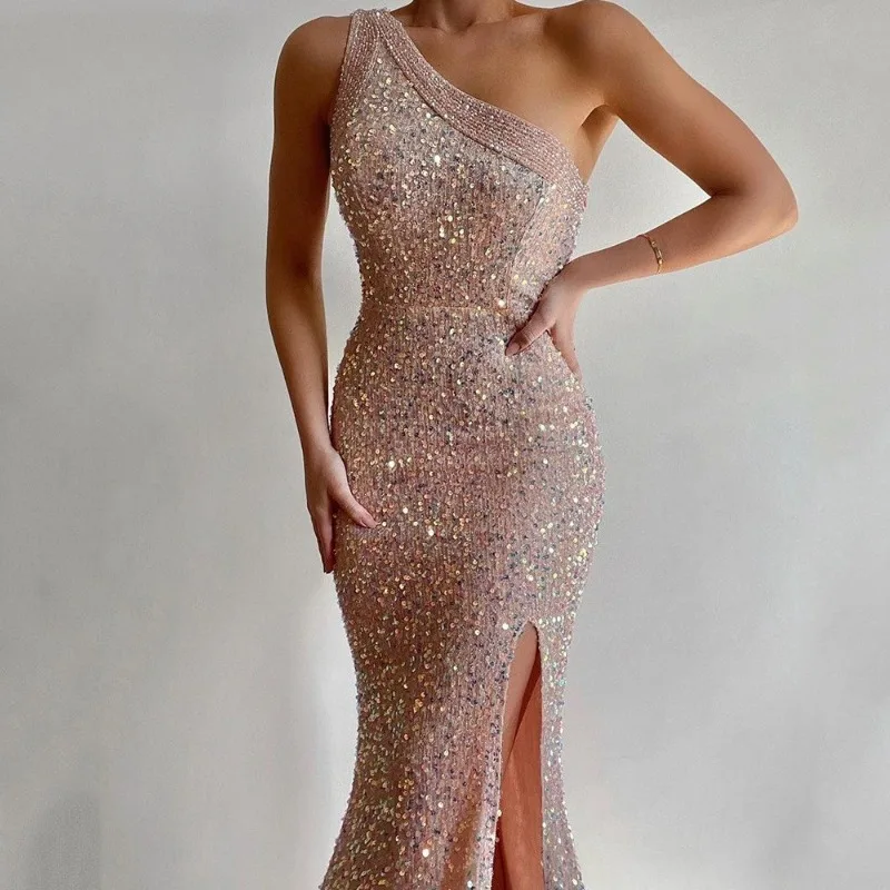

2025 new women's pink slit long skirt with one shoulder sequins fashionable temperament, slim fit dress