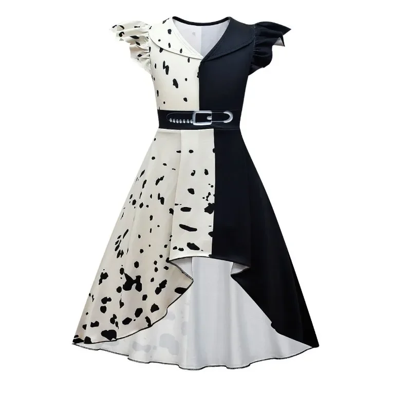 Halloween C-Cruella de telescopic cosplay costume girls Carnival party suits gown black white maid dress kids Cruella wig dress