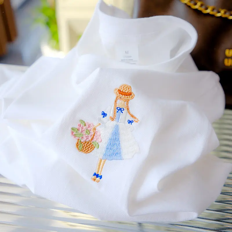Picture 3: Women's Short Sleeve T-Shirt 100% Cotton Embroidered Flower Basket Girl White New Arrival 2026 Trending Stylish Casual Wear