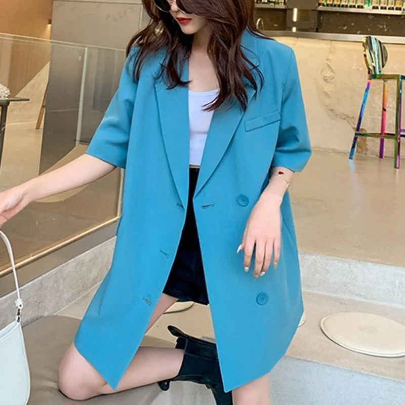 Summer New Solid Color Fashion Short Sleeve Blazers Women High Street Casual Loose Button Youth All-match Mid-length Cardigan