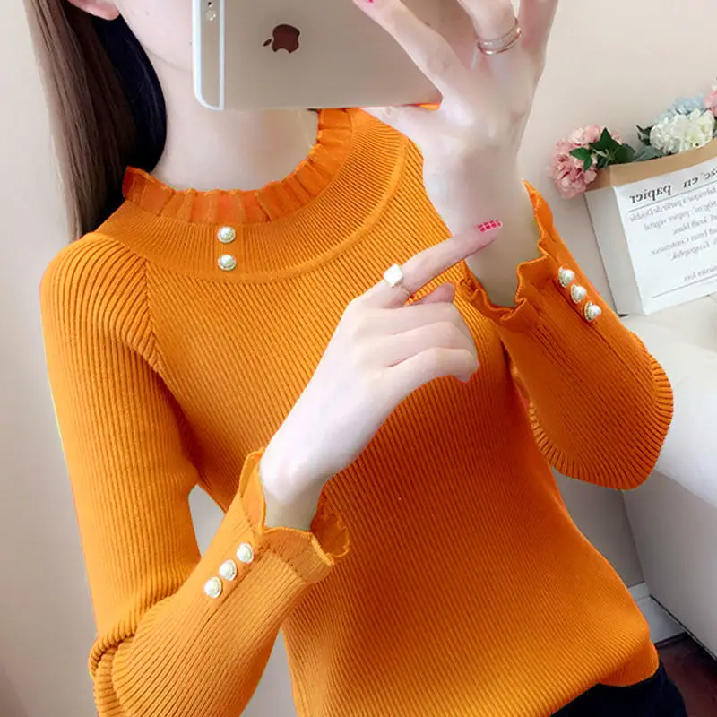 Stylish Knitted Spliced Lace Beading Ruffles Sweater Women Clothing 2022 Autumn New Oversized Casual Pullovers Sweet Tops