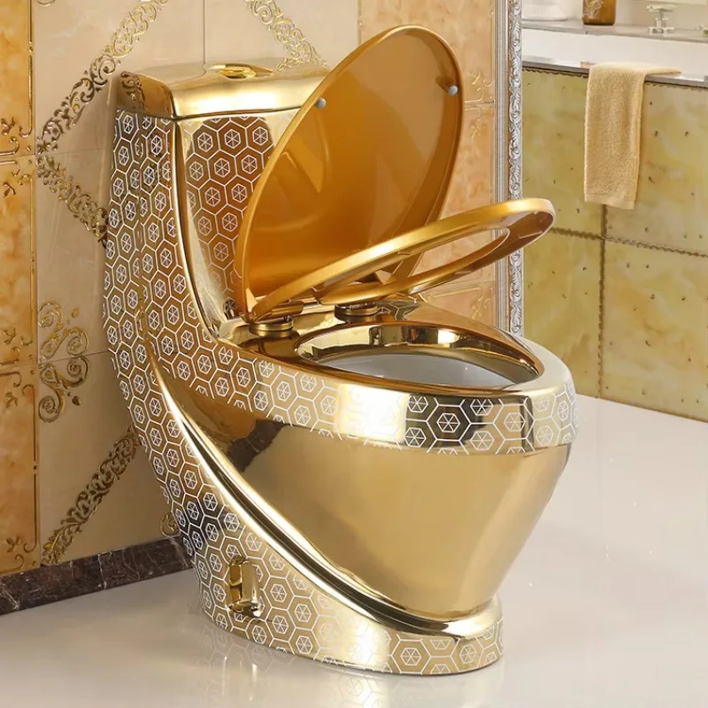 مجموعة أدوات الحمام الصحية المصنوعة من السيراميك، مرحاض الحمام المطلي بالقطعة واحدة باللون الذهبي، مجموعة حوض المرحاض والقاعدة