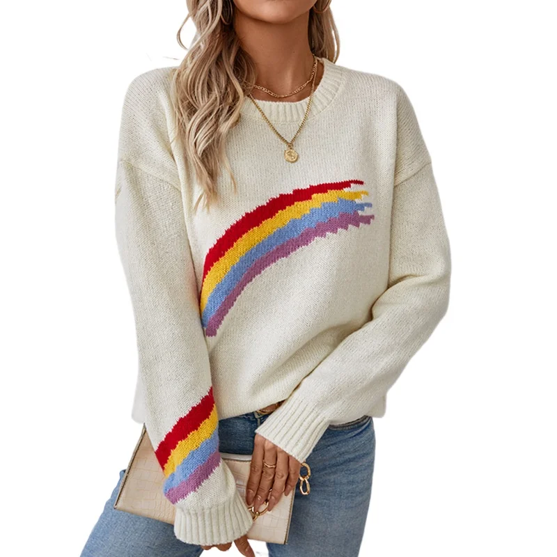 

Новинка осени-зимы 2024: женский модный свитер с радужными полосками, жаккардовый вязаный свитер для трансграничной электронной коммерции