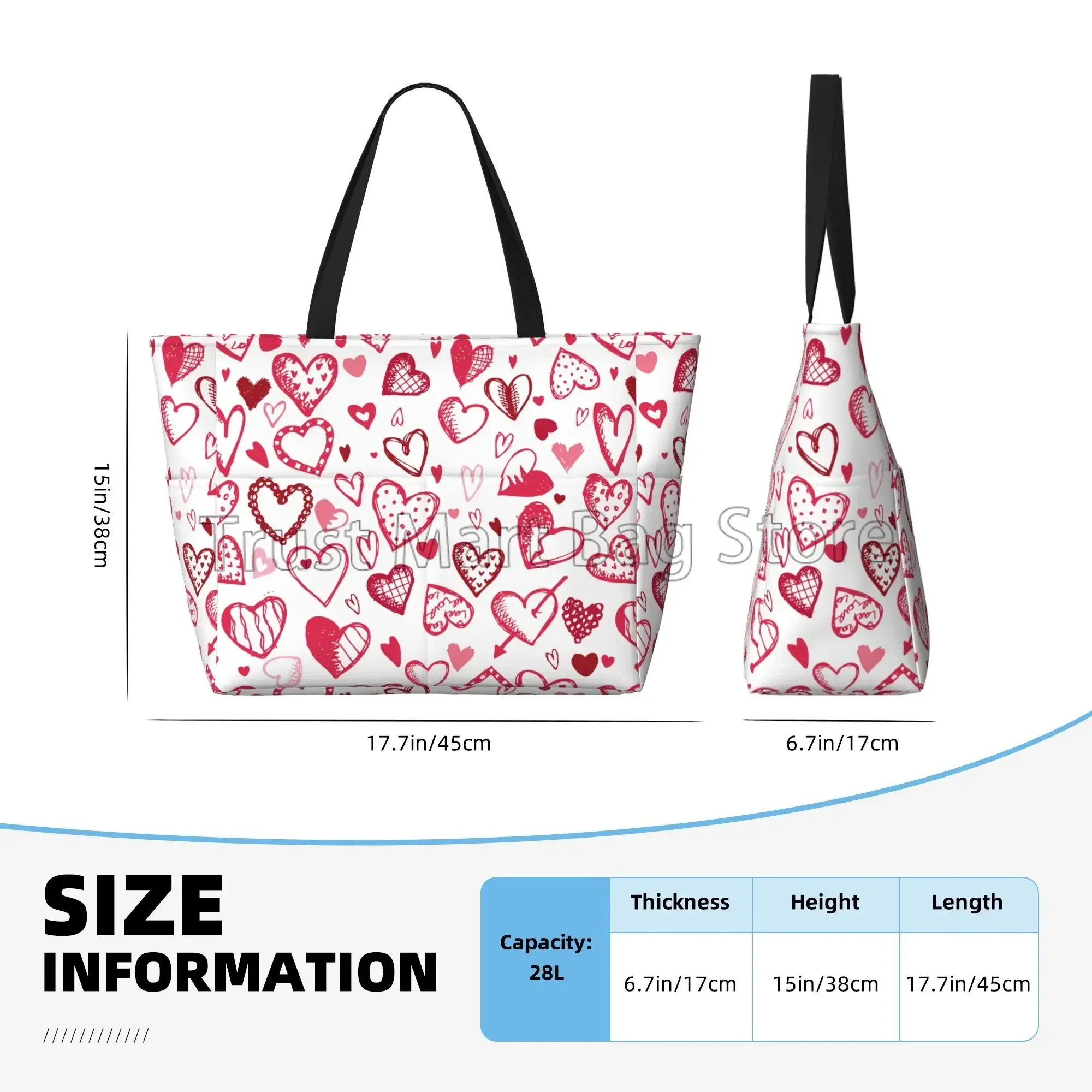Large Beach Bags Waterproof Sandproof Pink Love Hearts Cute Beach Tote Bags for Women with Zipper for Travel Vacation Swim Gym