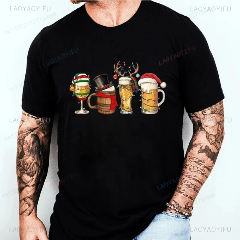 

Men Modal T-shirt Unisex Men's Festive Christmas Tee Casual Short Sleeve with Snowflake Beer Antler Prints Breathable Tees