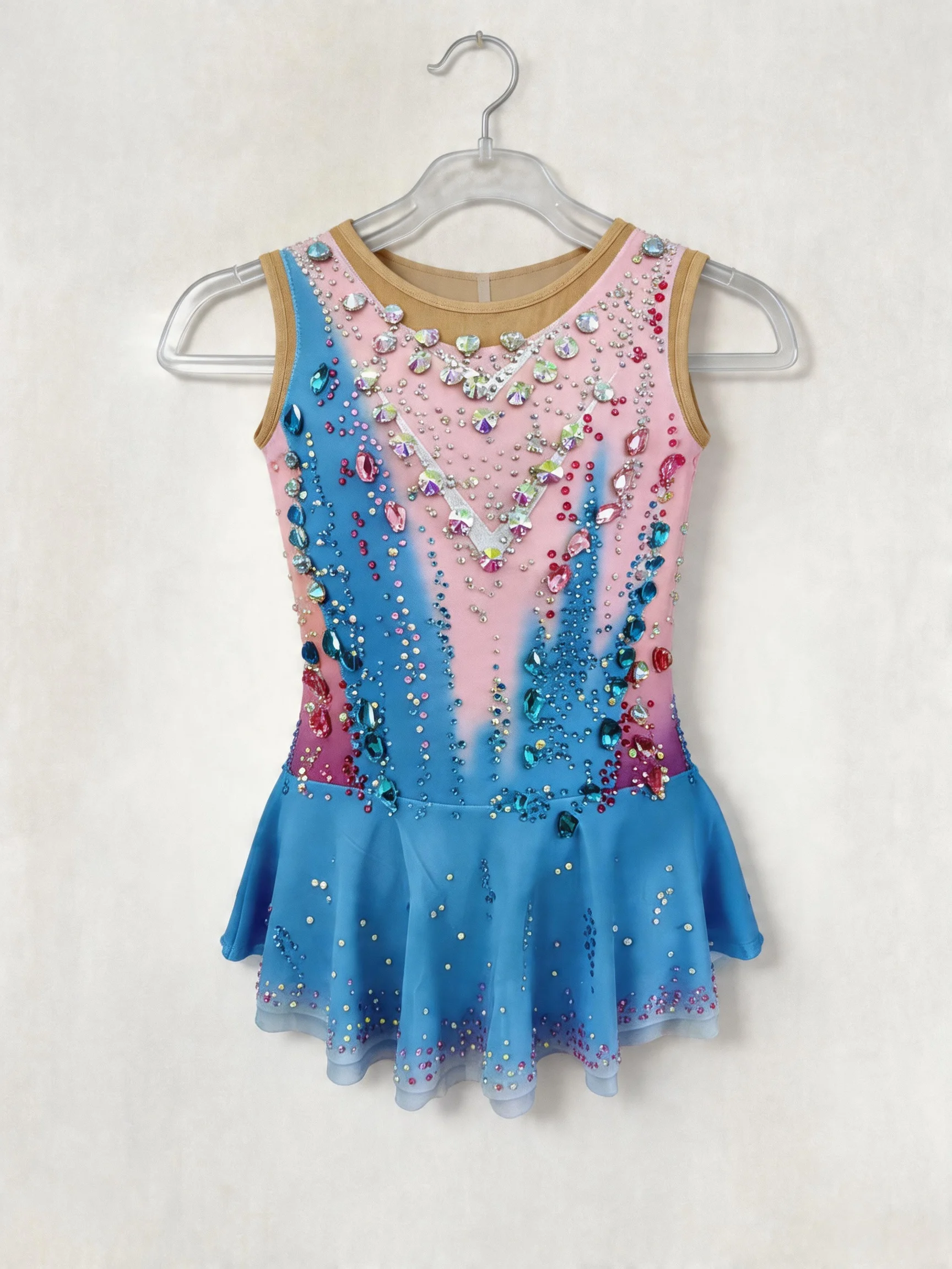 

Гимнастический купальник с градиентом из страз (синий-розовый), без рукавов, блестящее платье для фигурного катания, боди для девочек для соревнований по фигурному катанию
