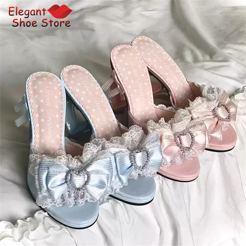 Sweet Lace Bow Heart-Shaped Heel Sandals Pearl Decor Open Toe Patent Leather High Heels Slippers Cosplay Lolita Women Shoes