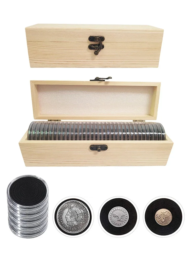 Capsules de pièces de monnaie en plastique transparent, 33 pièces, avec boîte de rangement en bois et joints noirs pour le stockage de pièces de monnaie 16/20/25/27/30/35/40/46mm