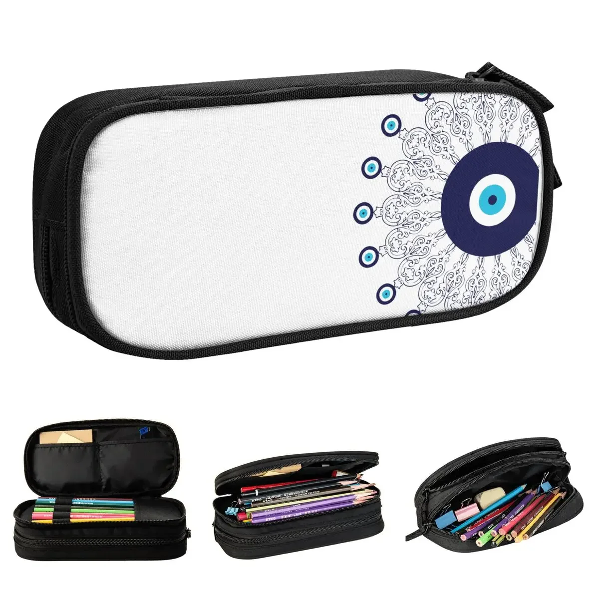 

Mediterranean Evil Eye Mandala Pencil Cases Navy Blue White Pen Bags Girls Boys Big Capacity School Supplies Zipper Pencilcases