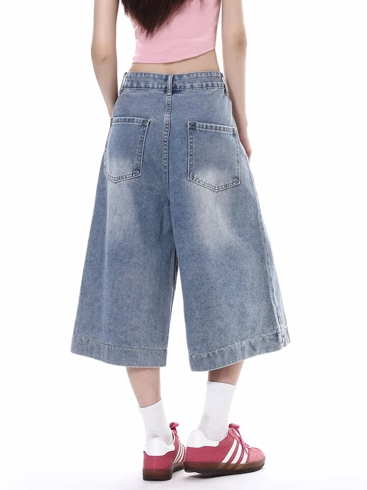 Pantalones cortos de mezclilla con estampado de grafiti Retro americano para mujer, novedad de verano, pantalones cortos holgados rectos de pierna ancha y cintura alta de 7 puntos