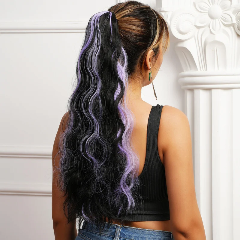Women's long curly hair , clip-on style, purple-black mixed color, natural realistic water ripple high ponytail wig