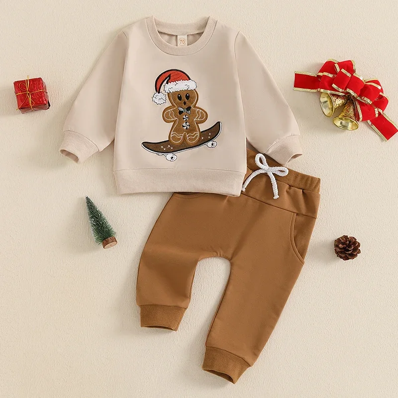 

Baby Boys Pants Sets Long Sleeve Crew Neck Embroidery Gingerbread Man Sweatshirt with Elastic Waist Sweatpants Christmas Clothes