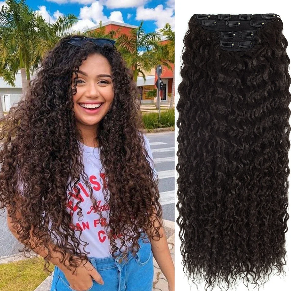 Synthetic Water Wave Clip in Hair Extension Organic Fiber 28inch Brown Fake Hair Long Thick Hairpieces Full Head Hair for Women