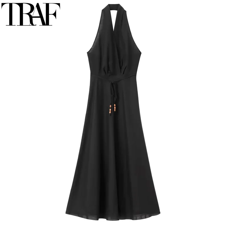 

TRAF Halter Black Long Dress Women Tied Off Shoulder Midi Dress Summer Backless Party Dresses Sleeveless Beach Elegant Dresses