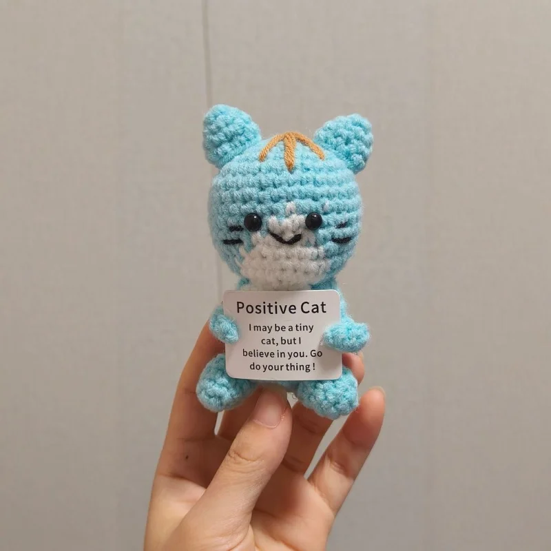 

New Handmade Knitted Emotional Support Crochet Cat Doll with Affirmation Card Home Room Christmas Decor Positive Gift