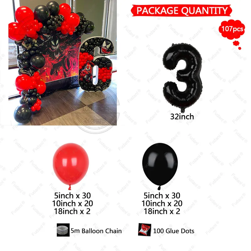 107pcs 5/10/18inch Red Black Venom Carnage Theme Balloons Arch Garland Kit Kids Boys Favors Birthday Party Decorations Globos