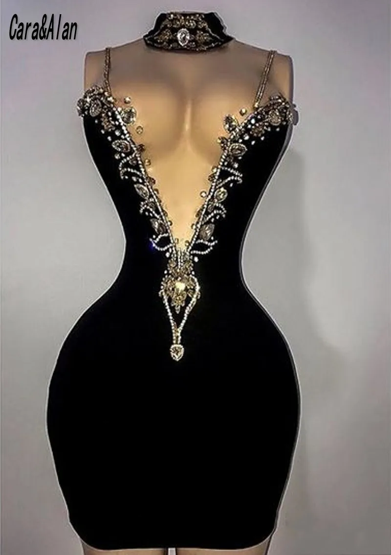 Little Black Cocktail Dresses Spaghetti Strap Short Prom Gowns for Women Party Wear Crystal Beaded Velvet Night Dress Customized