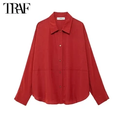 TRAF 2024 Red Oversized Shirt Women Collar Button up Shirt Woman Long Sleeve Shirts and Blouses for Woman Summer Casual Blouses