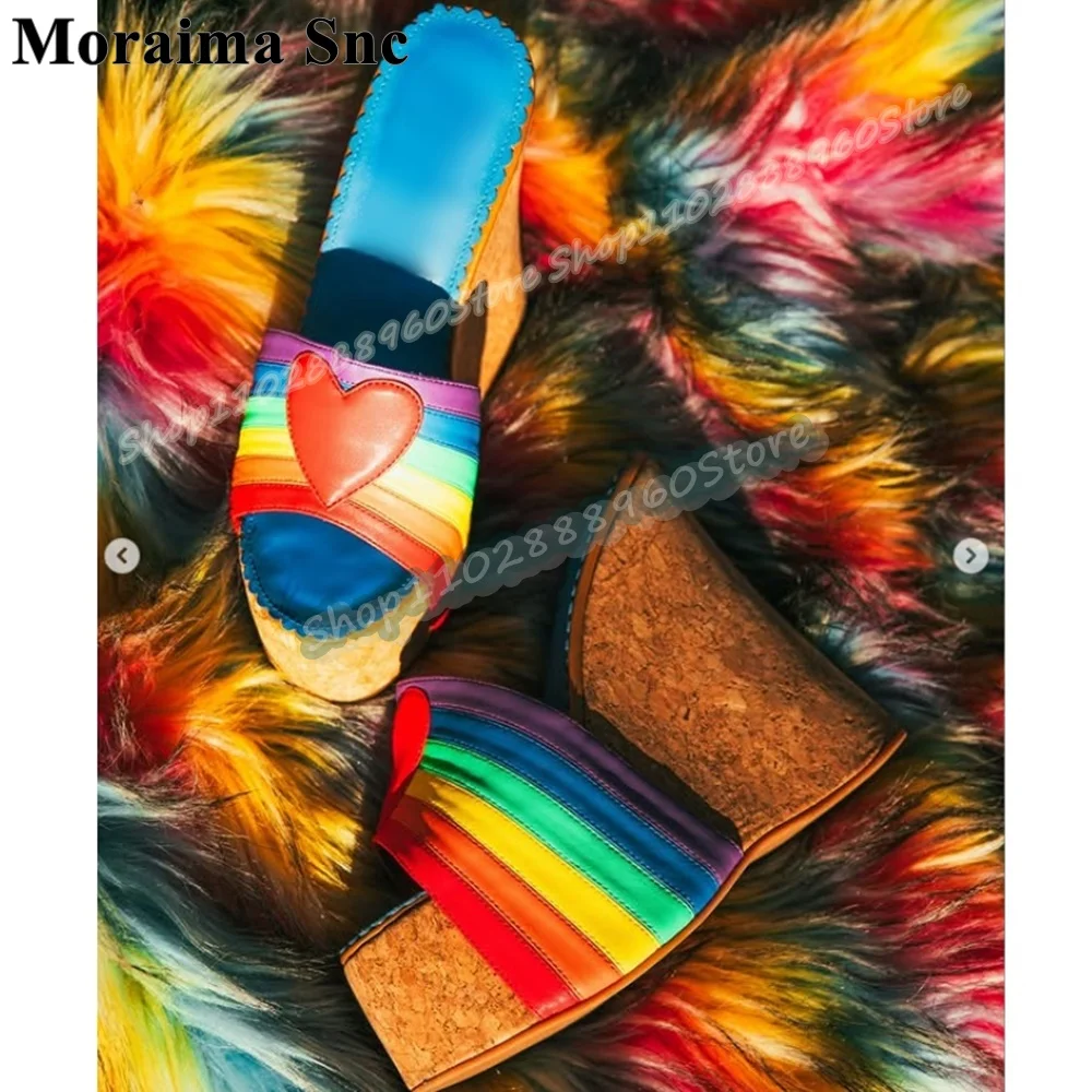 Iridescentie lederen hart platform pantoffels met bandjes wiggen hoge hak schoenen voor dames instapper open teen party trending pantoffels