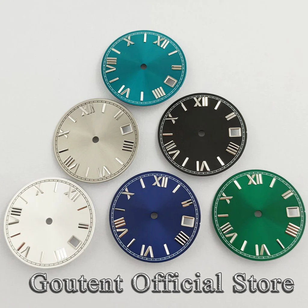 Goutent 28.5mm Roman Numeral Black Blue Green Red Sterile Watch Dial Fit NH35 NH35A Movement Calendar Window