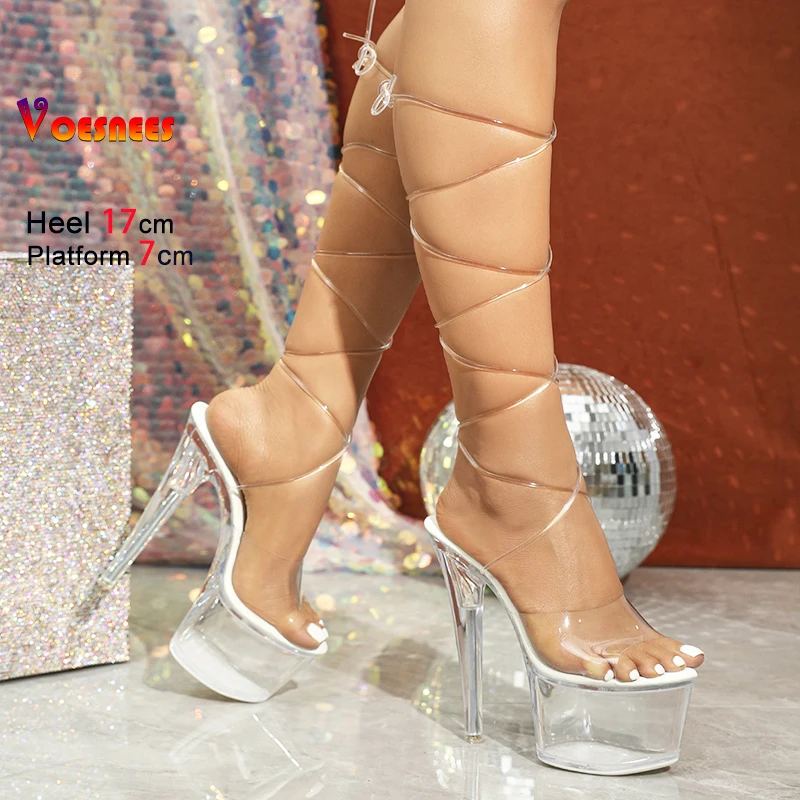 

PVC Transparent Sandals Women Small Heels 17CM Sexy Lace-up Model Sandals Summer Stiletto High Heels Nightclub Pole Dance Shoes