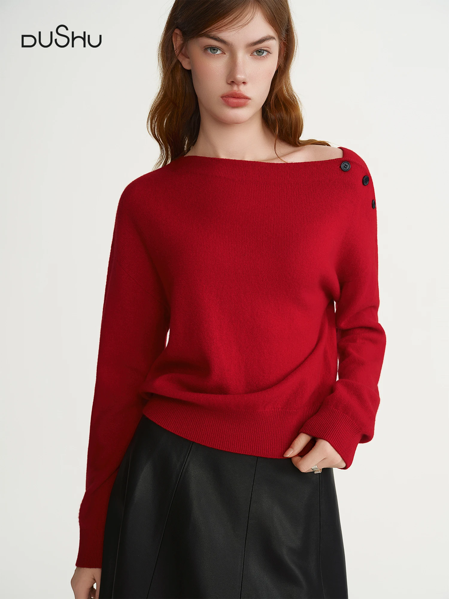 

DUSHU New Year Plus Size Women Captivating Winter Holiday Spirit Red Off-Shoulder Knit Sweater Winter 2025 New Arrival Pullovers