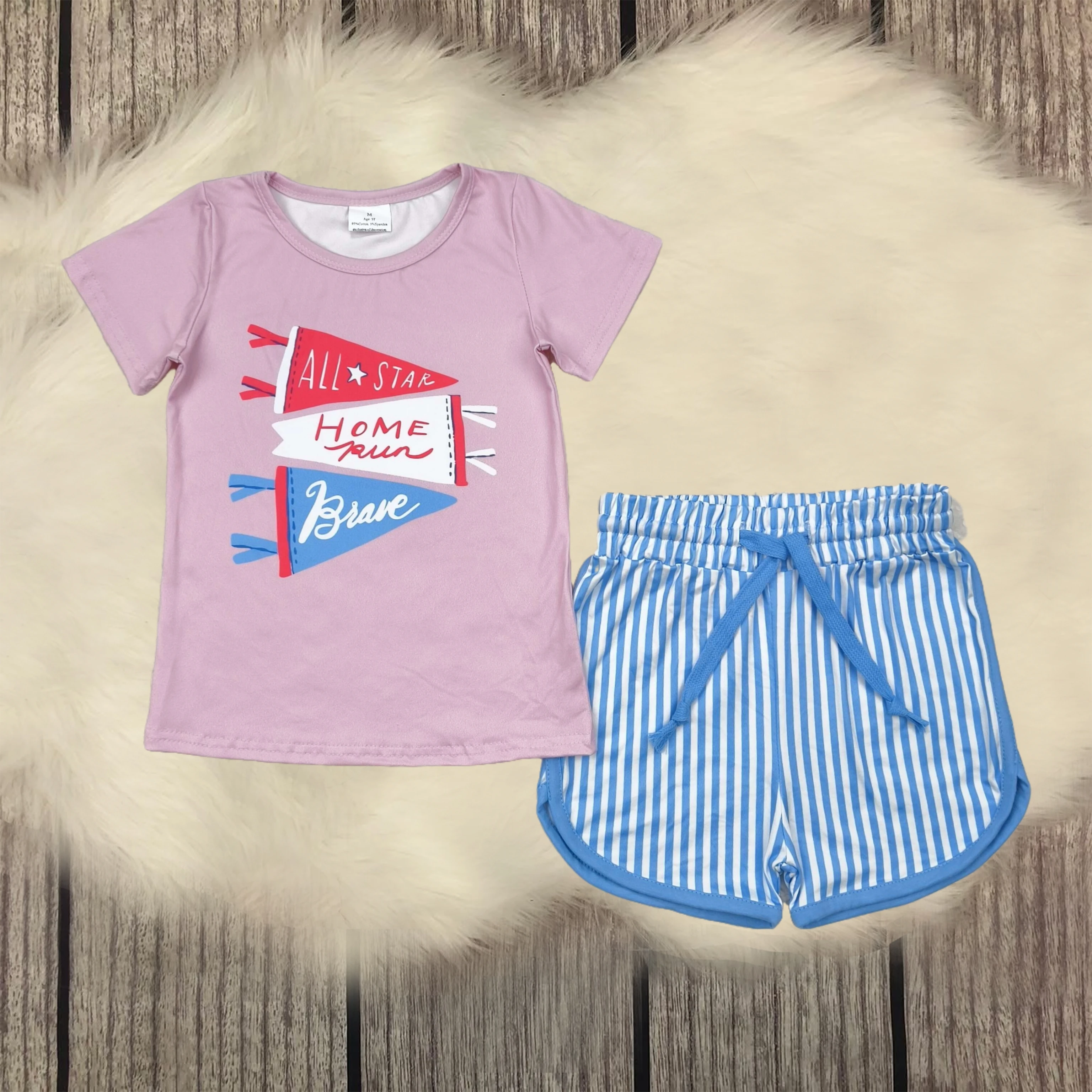 

Wholesale Baby Girls Flag Pink Short Sleeves Tee Top Stripes Shorts Kids Sets Infant Toddler Summer Children Boutique Outfit