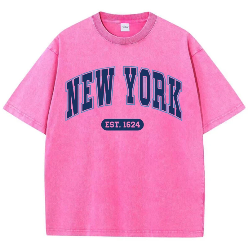 

New York Est.1624 Washed T Shirts Womens Letter Printed Cotton T-Shirt Distressed Oversize O-Neck Tops Summer Womans Clothes