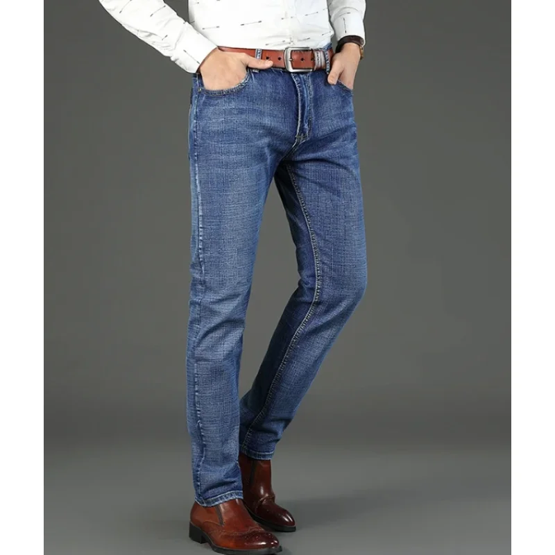 Nieuwe heren denim jeans casual rechte pijpen stretch mode klassiek blauw zwart werk denim broek herenkleding veelzijdig lang