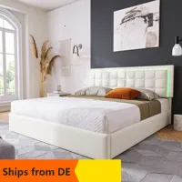 VSOGA Upholstered Bed With Slatted Frame And Storage Space, Double Bed, Including LED Light Strip, Bed Frame 180 X 200 Cm