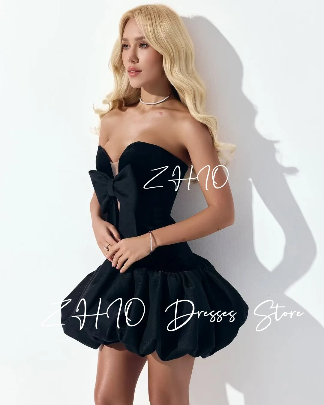 ZHIO Elegant Black Bow Mini Party Dress Strapless Cut Out A-Line Taffeta Draped Special Occasion Birthday Gown Customized