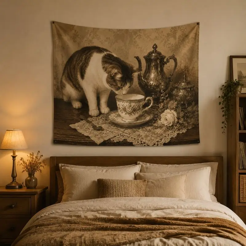 VIKAMA Vintage Cute Cat Wall Tapestry, Retro Kitten Book Scene Wall Hanging, Cozy Pet Fabric Cloth for Bedroom Study Room Decor