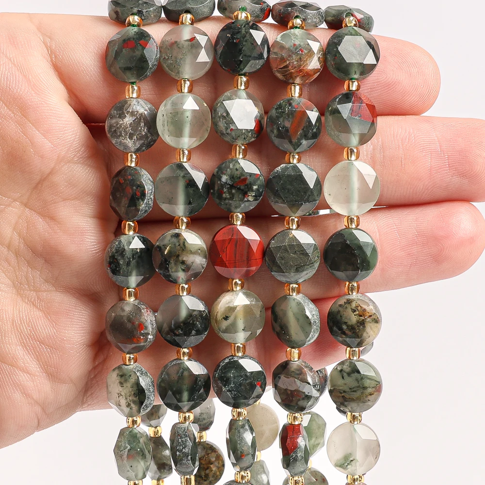 RED-GREY NATURAL AFRICAN BLOODSTONE FACETED COIN BEADS 8MM 10MM GEMSTONE LOOSE BEADS FOR JEWELRY MAKING DIY BRACELET NECKLACE