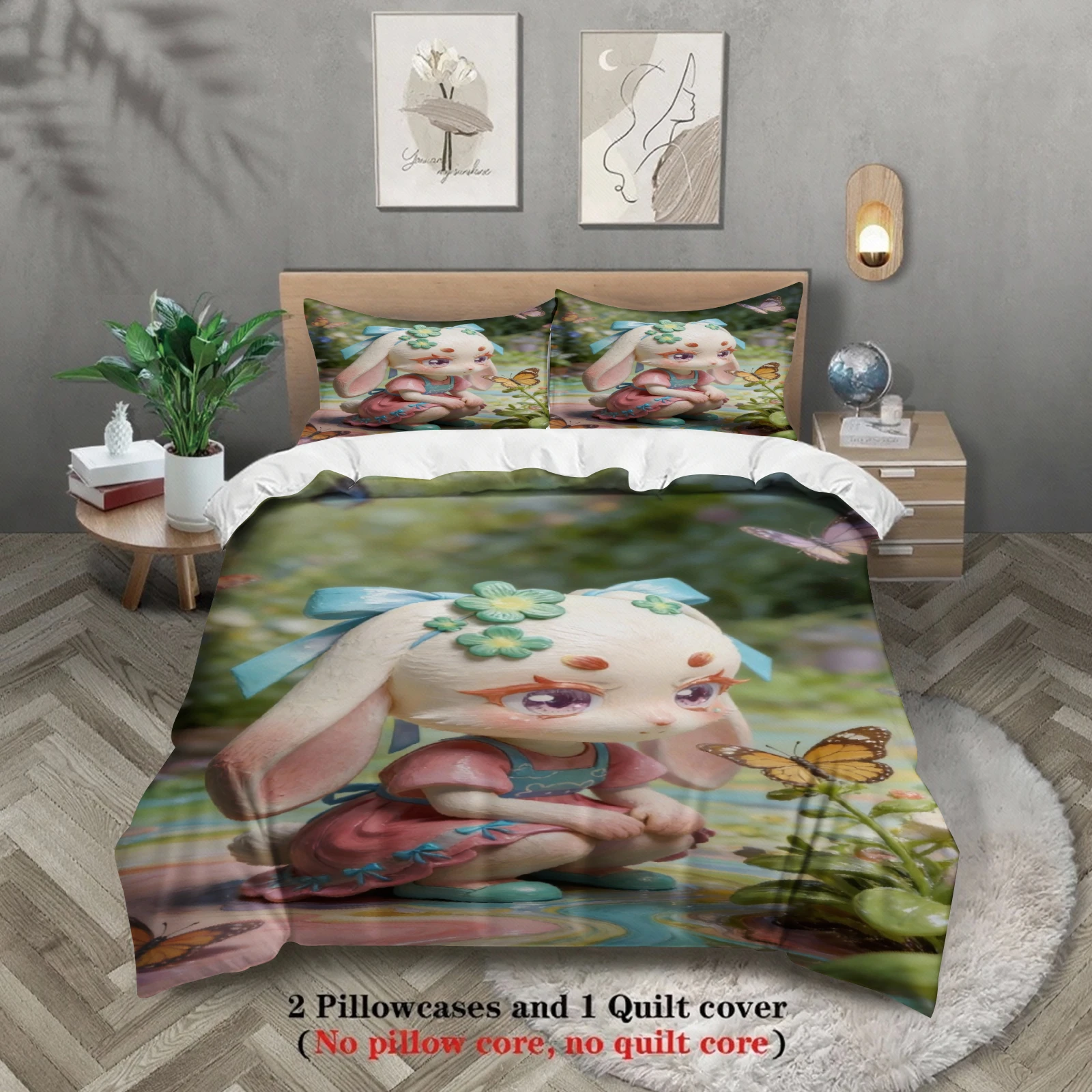 Softville Cozy Town 3PCS Bedding Sets Lop Rabbit Chasing Butterfly Pinted Duvet Cover No filling Cartoon Style Queen King Size
