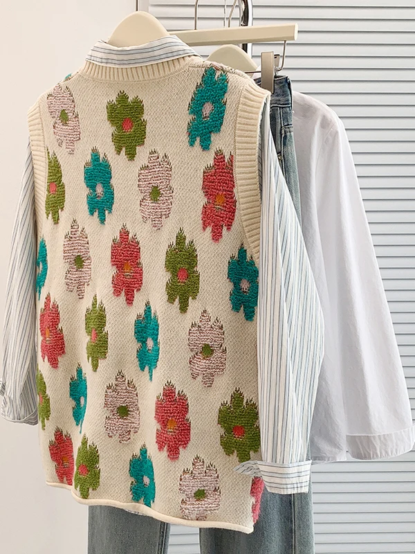 2025 가을 겨울 플러스 사이즈 여성용 라운드 넥 풀오버 베스트 탑 아젤 플로럴 자수 스웨터 자켓