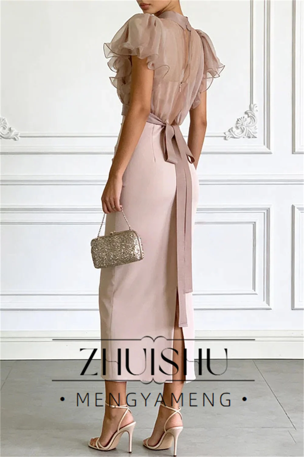 ZHUISHUBrush Pink Ruffle Women Party Dresses Mermaid Trumpet Tea-Length Prom Gown Customized Evening Gown for Special Occasion