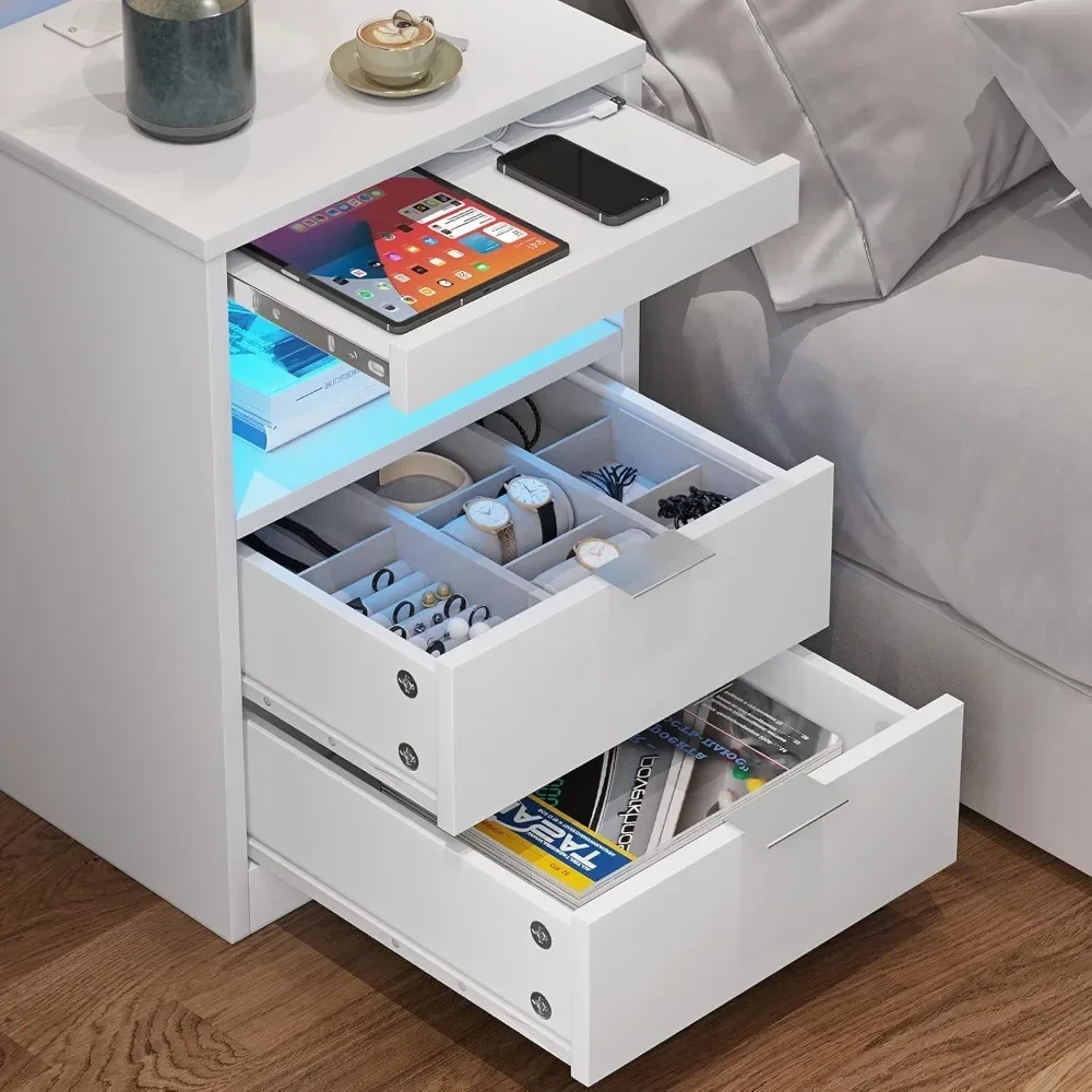 LED Nightstands  Nightstand with Wireless Charging Station 2 Drawers, Modern Bedroom End Side Table with LED Lights image 2