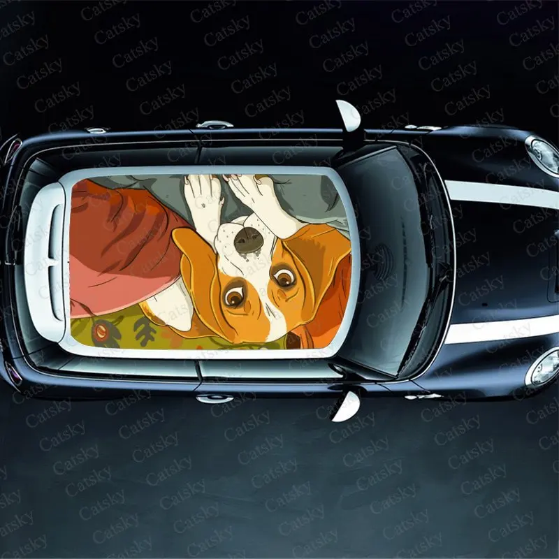 Lying Cartoon Beagle Print Car Roof Sticker Wrap Racing SUV Auto Accessories Packaging PVC Car Hood Graphic Decal Decoration